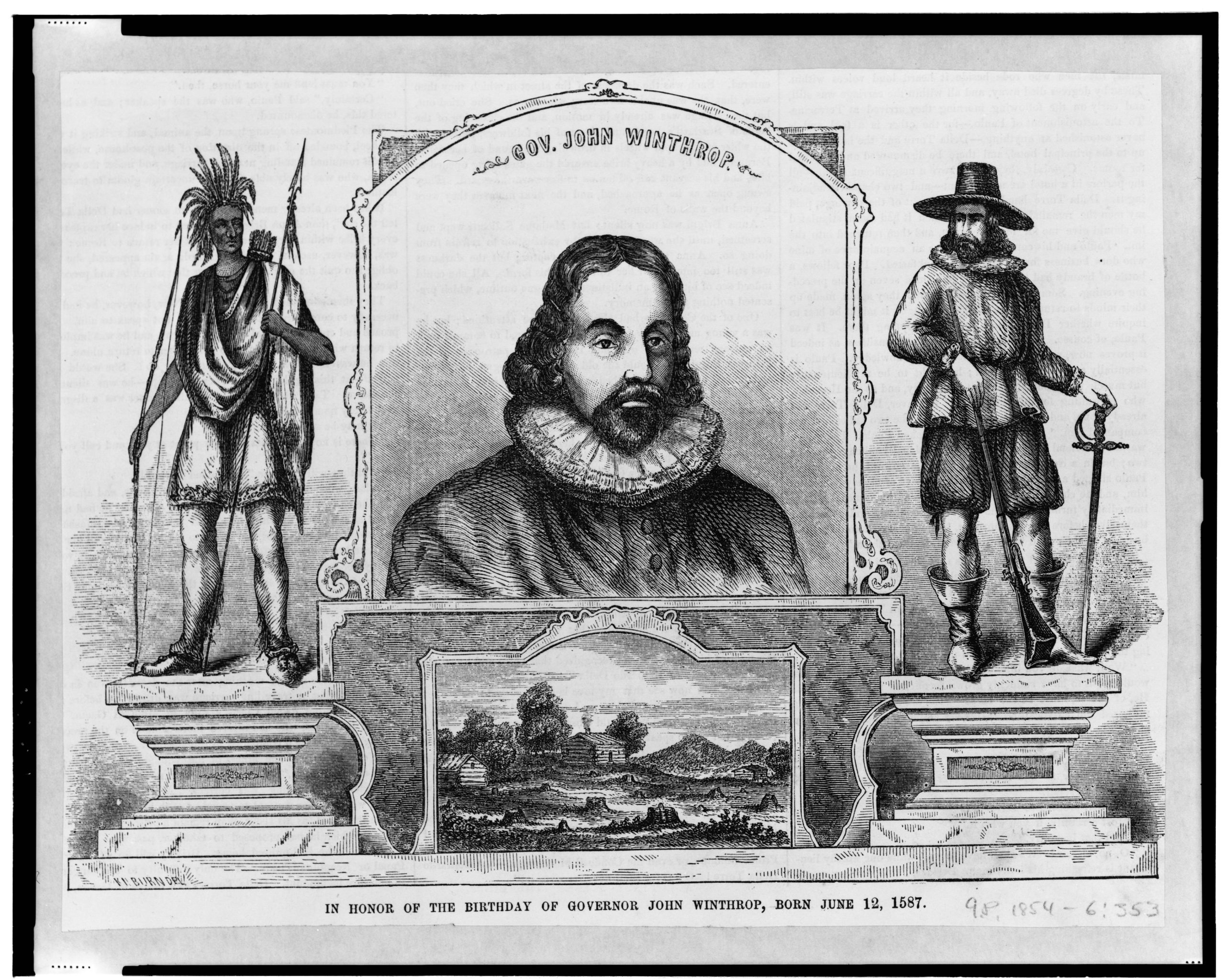 Gov. John Winthrop -- In honor of the birthday of Governor John Winthrop, born June 12, 1587 / K. H. Burn del. Abstract/medium: 1 print : wood engraving. Miscellaneous Items in High Demand, PPOC, Library of Congress, Public domain, via Wikimedia Commons