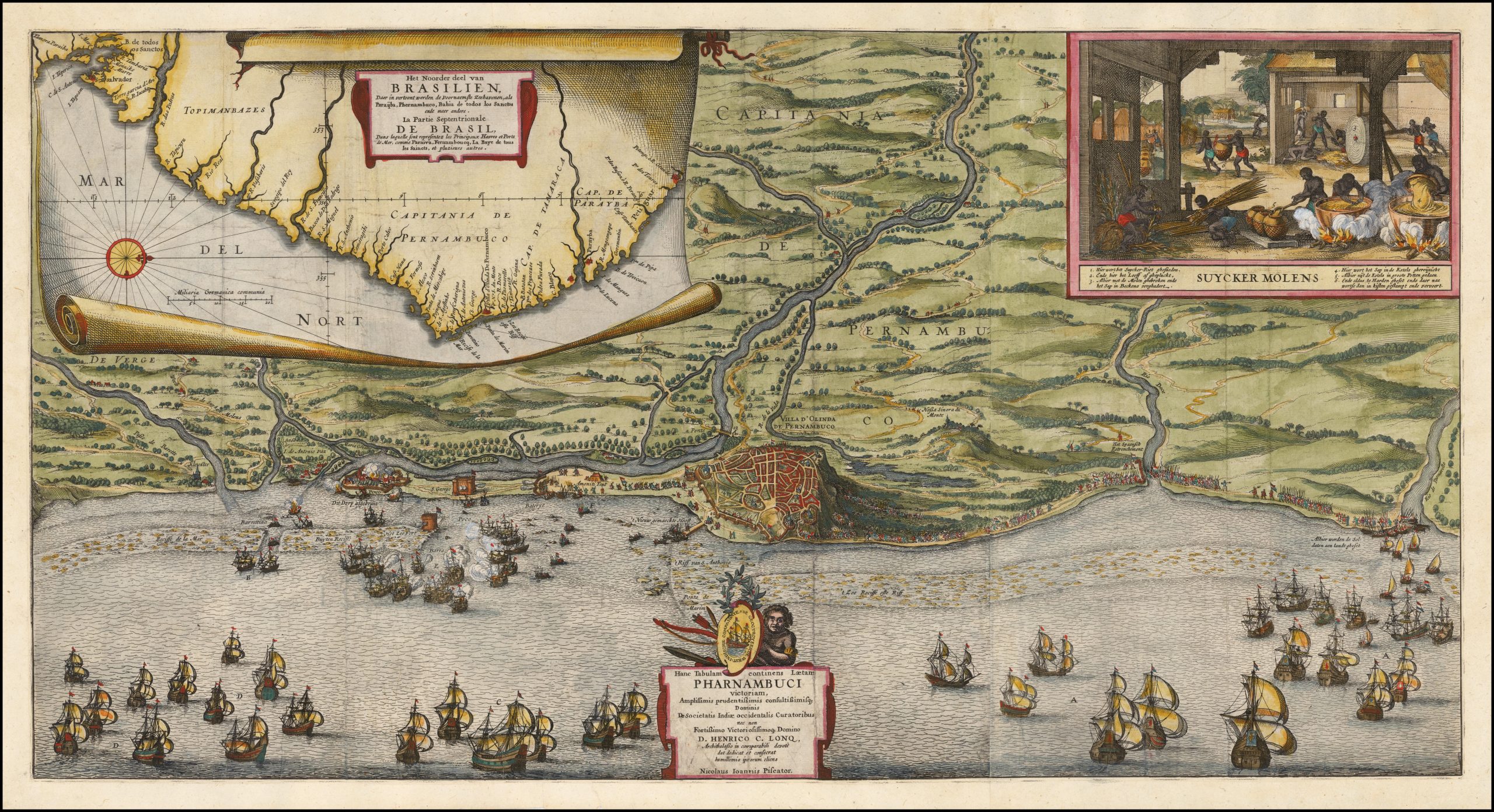 Rare broadside map celebrating the Dutch capture of the town of Olinda in Pernambuco by the Dutch West Indies Company in February 1630.Nicolaes Visscher, Public domain, via Wikimedia Commons