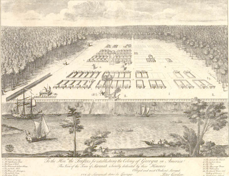 An early (Sometime in the 1700's) drawing of Savannah, Georgia. Unknown author, Public domain, via Wikimedia Commons